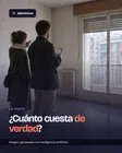 Una pareja de espaldas visita el salón vacío de un piso sin reformar. Encima, el titular: ¿Cuánto cuesta de verdad? Imagen generada con inteligencia artificial.