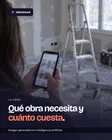 Una mujer de espaldas mira el móvil dentro de un piso en obra. Encima, el titular: Qué obra necesita y cuánto cuesta. Imagen generada con inteligencia artificial.